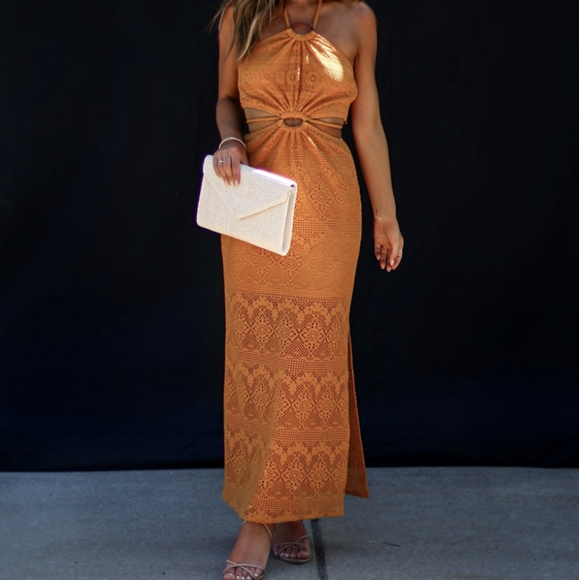 Vici Dresses & Skirts - Vici Lachlan Halter Cutout Crochet Maxi Dress